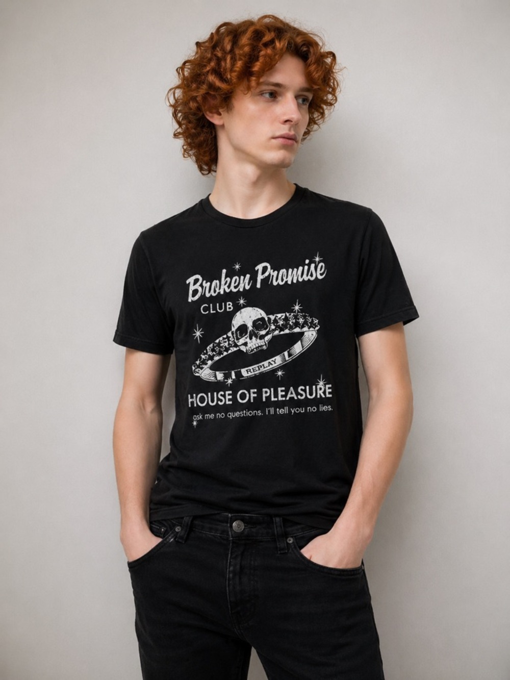 Replay Broken Promise Club Skull Tee Black Graphic T-Shirt Men M